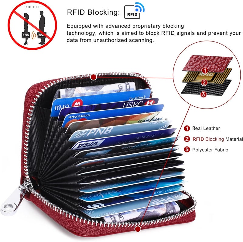 FEITH&FELLY Genuine Leather Credit Card Holder RFID Small Zipper Card Case Wallet for Women & Men - Image 3